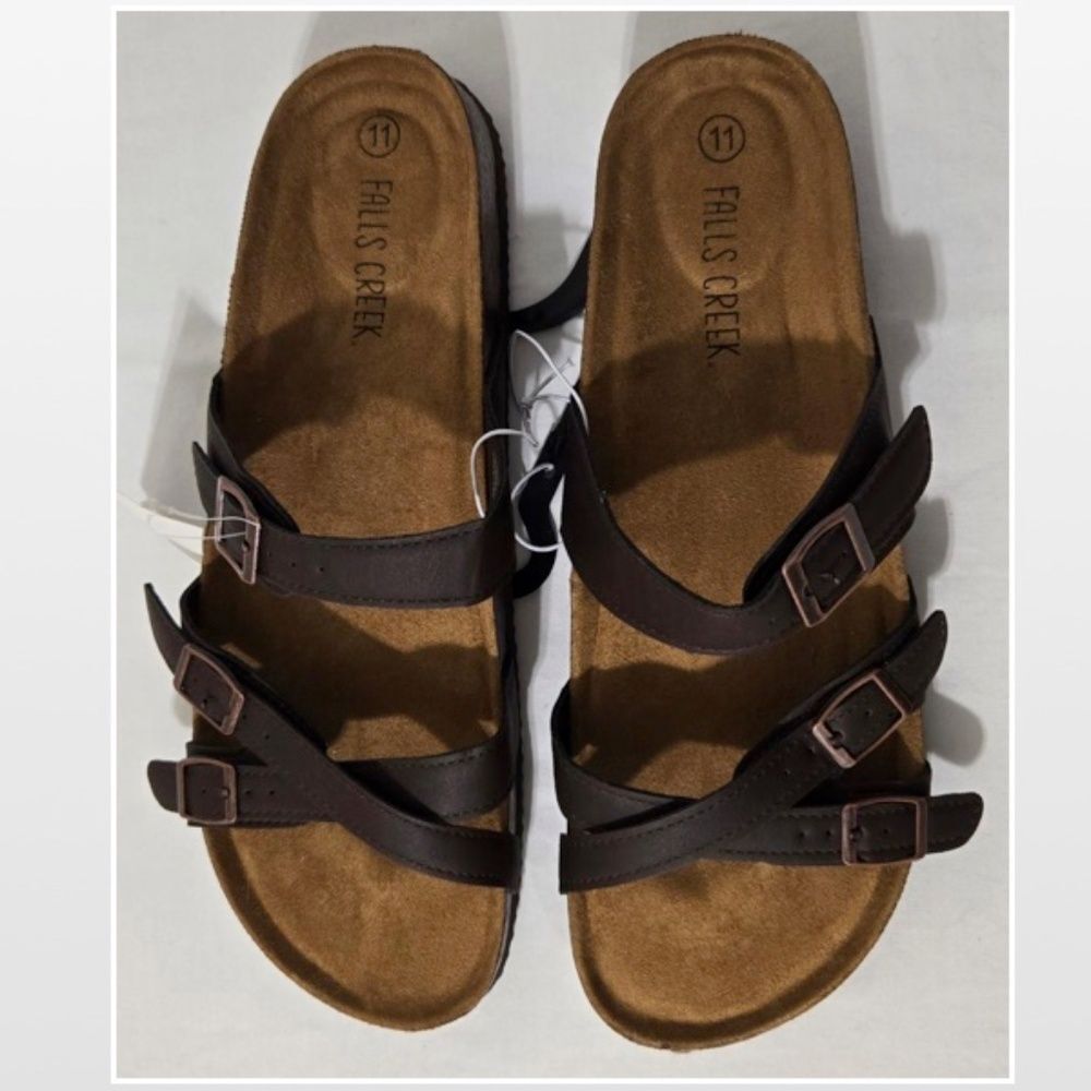 New Falls Creek Shoes Womens Sandals Dark Brown Straps Buckles Slip On Size 11 - Picture 7 of 15